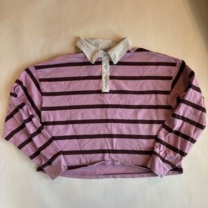 Champion Womens Large Pink Brown Striped Long Sleeve Cropped Rugby Polo Shirt